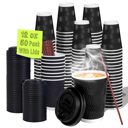 12 oz Disposable Paper Coffee Cups with Lids & Straws (50 Count)