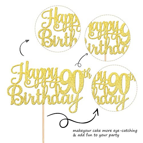 1 PCS Happy 90th Birthday Cake Topper Gold Glitter Cheers to 90 Years Birthday Cake Pick 90 Fabulous Cake Decoration for Happy 90th Birthday Theme Party Decorations Supplies