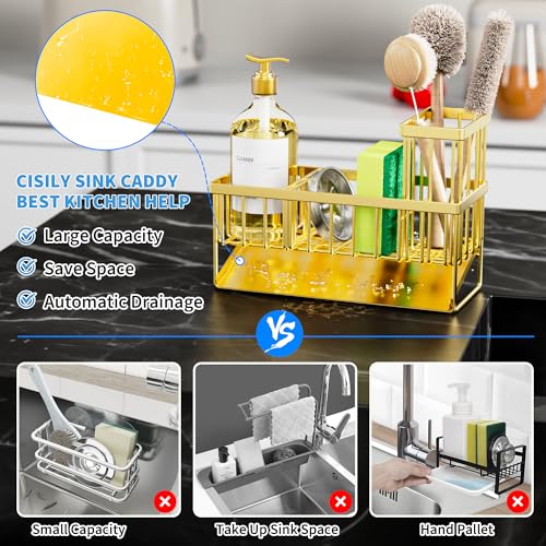 Gold Kitchen Sink Caddy Organzier with High Brush Holder