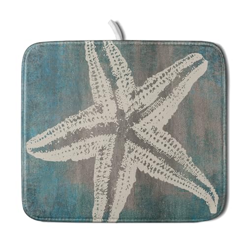 Vintage Starfish Dish Drying Mat Coastal Beachy Nautical Drainer Rack Mat 16"x18" Absorbent Washable Dish Dry Pad for Kitchen Counter Sink