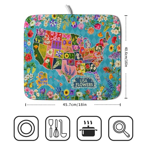 Flower Map Dish Drying Mat American Floral Decoration Coffee Mat for Kitchen Counter