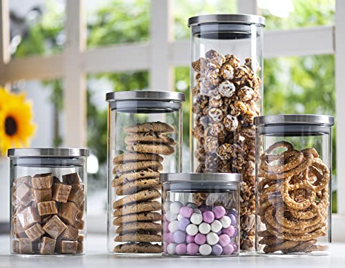 Set of 5 Glass Kitchen Canisters with Airtight Stainless