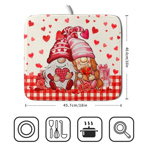 Love Gnome Dish Drying Mat 16"x18" Red Heart Microfiber Dish Drainer Rack Mat Holiday Absorbent Dishes Pad for Kitchen Counter Sink Decor