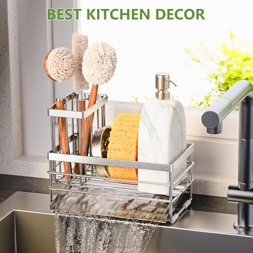 Sink Caddy Sponge Holder for Kitchen with Brush Holder and Stainless Steel Self Drain Tray