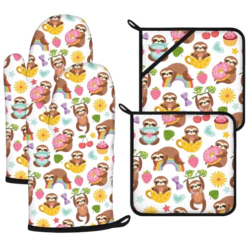 Cute Cartoon Sloth Oven Mitts and Pot Holders Sets 4Pcs
