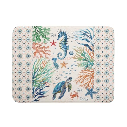 Nautical Coastal Dish Drying Mat Sea Turtle Seahorse Dish Drainer Pad 18"x24" Microfiber Reversible Fast Dry Pad for Kitchen Counter Decor