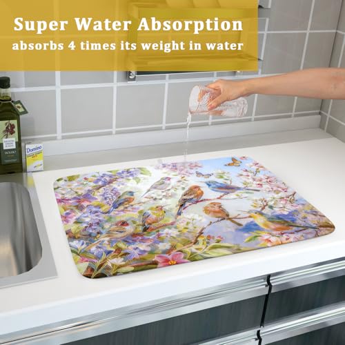 Floral Birds Dish Drying Mat Spring Decoration Absorbent Dish Drain Cloth Mat 18 X 24 for Kitchen Coffee Bar