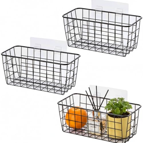 3 Set LeleCAT Adhesive Over the Cabinet Door Wire Baskets for Organizing for Kitchen Food Pantry Bathroom Shelf Storage No Drilling Wall Mounted (3 Count)