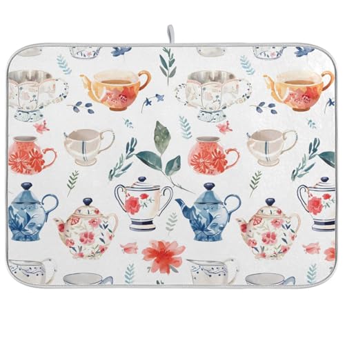 Watercolor Tea Cups Teapots Dish Drying Mat for Kitchen Counter Absorbent Microfiber Drying Pad