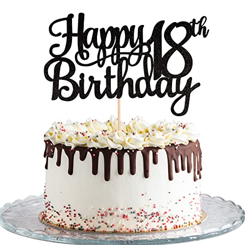 1 PCS Happy 18th Birthday Cake Topper Glitter Cheers to 18 Years Birthday Cake Pick 18 Fabulous Cake Decoration for Happy 18th Birthday Theme Party Decorations Supplies Black