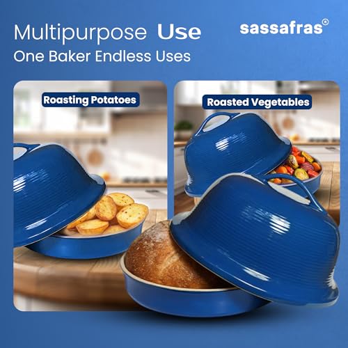 Superstone® Stoneware La Cloche® Bread Baker with Blue Glazed Exterior and Unglazed Interior Bakes an Artisan Bread with Crusty Crust and a Light Crumb