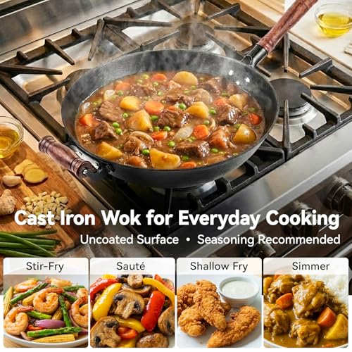 13.4" Cast Iron Wok with Glass Lid