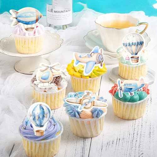 40Pcs Edible Watercolor Blue Airplanes Cupcake Toppers Edible Cartoon Hot Air Balloon Helicopter Cupcake Picks for Blue Boys Birthday Cupcake Decorations Airplane Baby Shower Cake Decorations (40 Count)