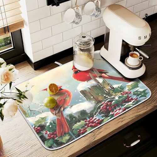 Winter Birds Snowflakes Berry Dish Drying Mat for Kitchen Counter Absorbent Microfiber Small Christmas Drying Pad Dish Mats for Kitchen Countertops 16 x 18 Inch