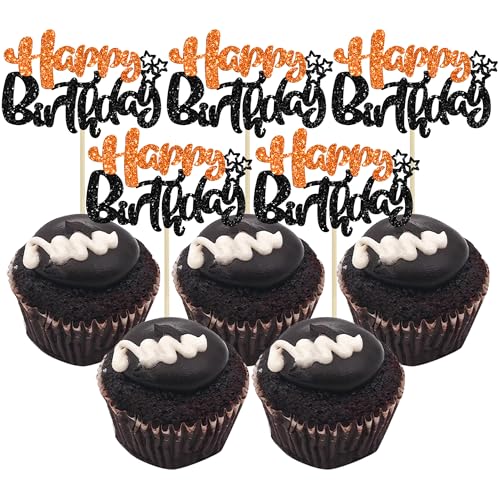 24Pcs Happy Birthday Cupcake Toppers Double Layer Glitter Happy Birthday Cake Decorations for Halloween Baby Shower Theme Anniversary Party Cake Decorations Supplies Black Orange (24 Count)