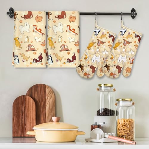 Cute Dogs Kitchen Towels and Oven Mitts Set 4Pcs (4 Count)