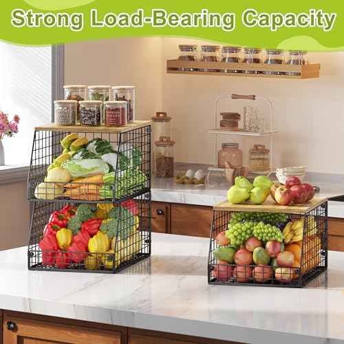 4 Pack Stackable Wire Baskets with Fixed Wooden Top (4 Count)