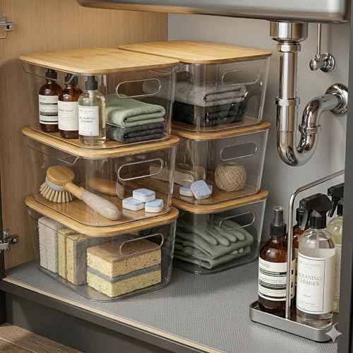6 Pack Clear Stackable Storage Bins with Bamboo Lids (6 Count)