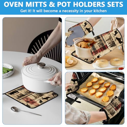 Deer and Bear Oven Mitts and Pot Holders Sets Heat Resistant 4Pcs Wild Animal Potholders Oven Gloves Hot Pads for Kitchen Baking Cooking Grilling BBQ (4 Count)