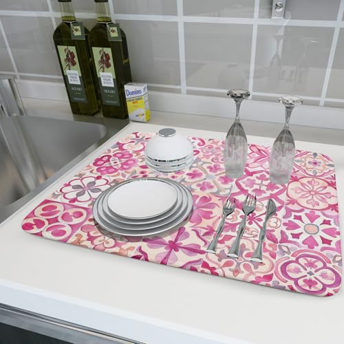 Pink Mexican Tiles Dish Drying Mat Absorbent Microfiber Dish Drying Pad for Kitchen Multi