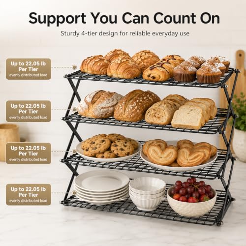 4 Tier Collapsible Cooling Rack with Adjustable 3 Setting Design Stackable Drying Wire Cooling Rack for Cooking and Baking