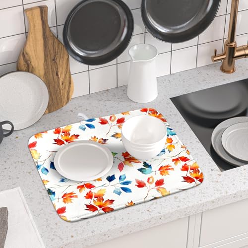 Autumn Leaf Dish Drying Mat Fall Colorful Leaves Absorbent Dish Drain Mats for Kitchen Counter
