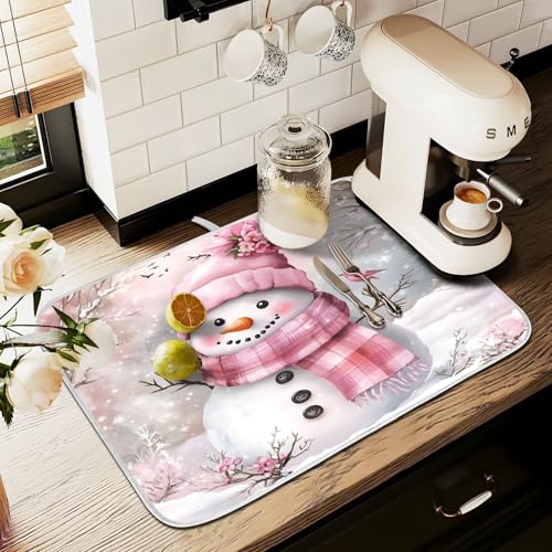 Winter Pink Snowman Dish Drying Mat for Kitchen Counter Absorbent Microfiber Christmas Large Drying Pad Dish mats for Kitchen Countertops 18 x 24 Inch