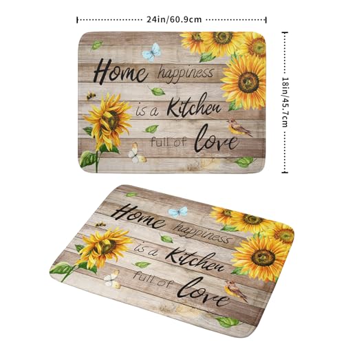 Sunflower Floral Dish Drying Mat for Kitchen Countertop 18x24 inch Rustic Wood Washable Microfiber Absorbent Dishes Drainer Rack Pad