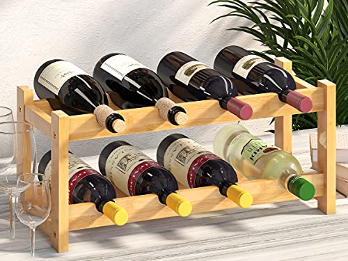 Wine Rack Freestanding 8 Bottle 2 Tier Bamboo Wine Racks Countertop Cabinet Wine Holder Wine Storage Shelf for Kitchen