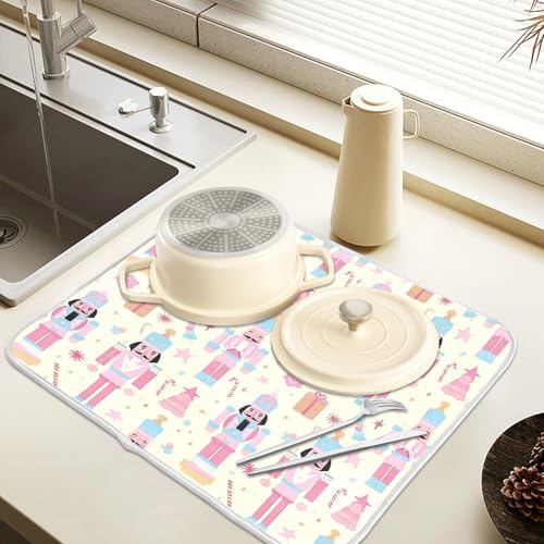 Pink Nutcracker Christmas Dish Drying Mat for Kitchen Counter Absorbent Microfiber Small Drying Pad Dish mats for Kitchen Countertops 16 x 18 Inch