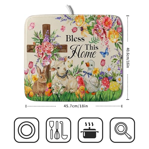 Easter Farmhouse Dish Drying Mat Funny Animal Dish Pad for Kitchen Counter Small 16 X 18