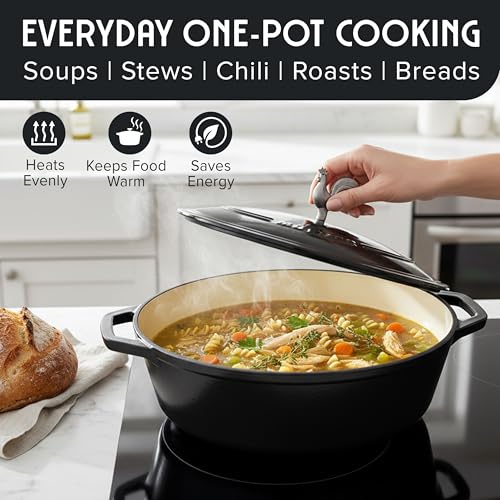 MUELLER HOME 5.5 Quart Enameled Cast Iron Oval Dutch Oven with Rooster Knob & Cotton Potholders
