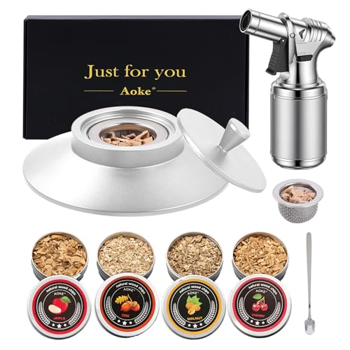 Silver Cocktail Smoker Kit with Torch Metal Bourbon Whiskey Smoker Kits Metal Old Fashioned Drink 4 Wood Chips Valentines Anniversary Birthday Gifts for Men (7 Count)