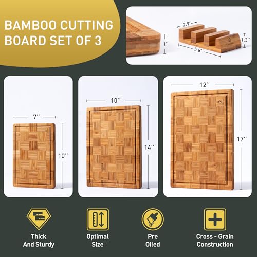 3 Pack Heavy Duty Bamboo Cutting Board Set Non Toxic Wooden Cutting Board for Kitchen Non Slip Solid End Grain Thick Wood Juice Groove Chopping Board Extra Large Butcher Block Best House Warming Gift (3 Count)