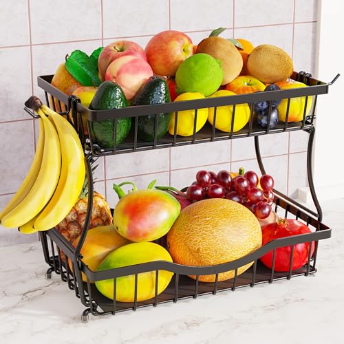 Large 2 Tier Fruit Basket for Kitchen Counter with 2 Banana Hangers