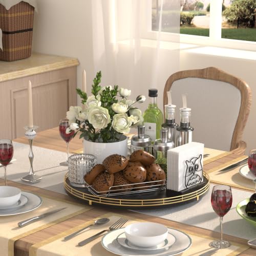 16 Inch Oak Lazy Susan Organizer with Gold Rail and Black Finish