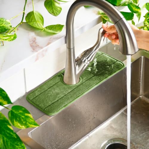 Original SINKMAT 15in Faucet Splash Guard Extra Long Microfiber Sink Drip Catcher Mat Non Slip Countertop Protector Drying Pad Kitchen Bathroom RV Machine Washable [Moss Green]