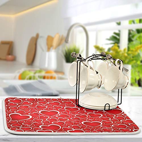 Valentines Day Red Hearts Dish Drying Mat for Kitchen Counter Absorbent Microfiber Large Drying Pad Dish mats for Kitchen Countertops 18 x 24 Inch