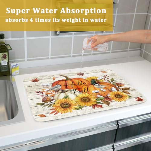 Hello Fall Dish Drying Mat Autumn Pumpkin Dish Drainer Rack Mats 18"x24" Fast Dry Microfiber Dish Drying Pad for Kitchen Countertop Table