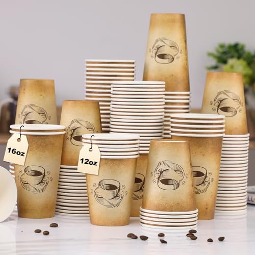 300 Pack 12oz Disposable Paper Coffee Cups Retro Design (300 Count)