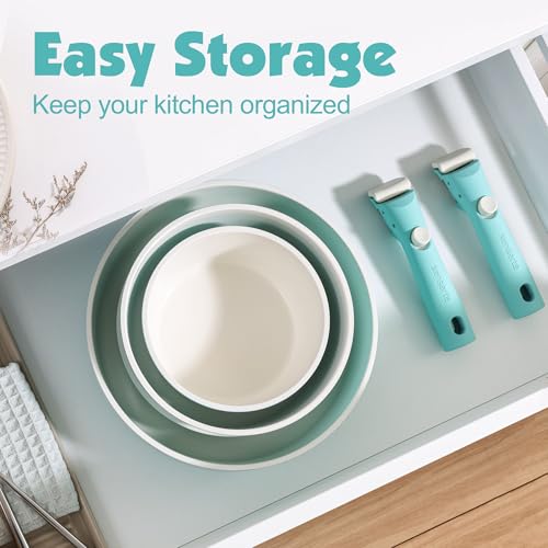 24 Piece Ceramic Detachable Handle Pots and Pans Set Turquoise