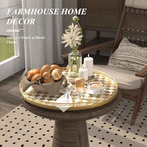 Gold and White Checkerboard Lazy Susan with Rubberwood Base and Metal Rail
