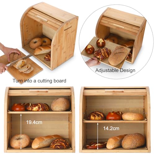 2 Layer Bamboo Bread Box for Kitchen Organizer