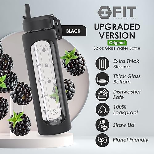 32 oz Glass Water Bottle with Time Marker Straw Lid Big Reusable Leakproof