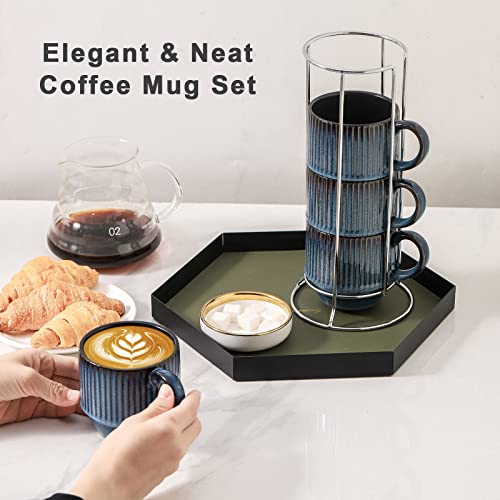 Navy Coffee Mugs Porcelain Set of 4 with Rack (4 Count)