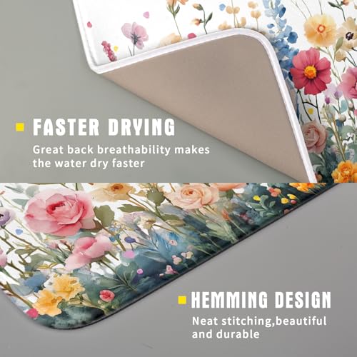 Colorful Flower Dish Drying Mat 16x18 Inch Botanical Floral Drainer Rack Mats Washable Absorbent Dish Dry Pad for Kitchen Counter Sink