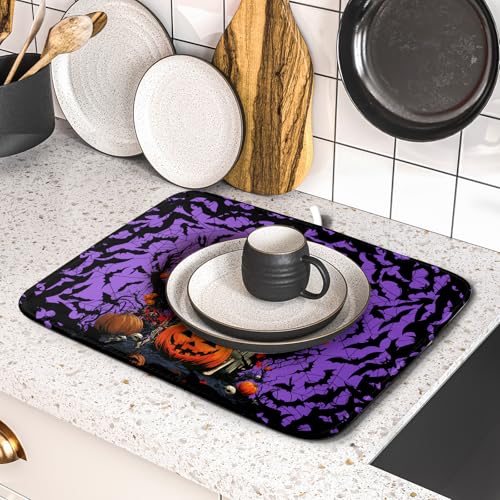 Halloween Pumpkin Dish Drying Mat 16x18 inch Spooky Ghost Bat Dish Rack Mats Microfiber Draining Pad Fast Dry Holiday Kitchen Accessories