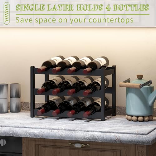 Bamboo Wine Rack Wine Storage Cabinet Shelf 12 Bottle Wine Racks Countertop Sturdy for Kitchen Dining Room Pantry