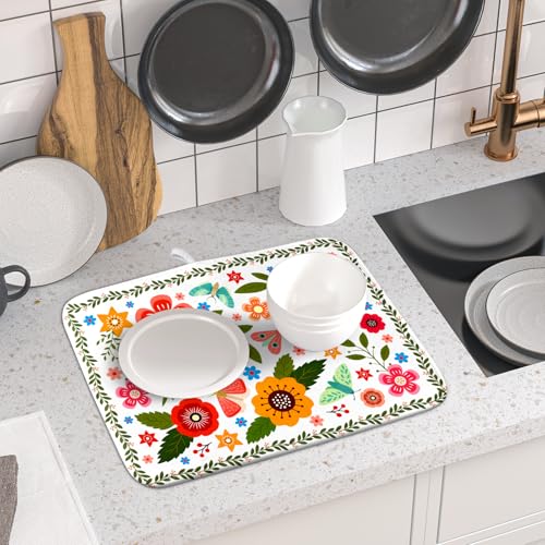 Colorful Boho Floral Dish Drying Mat 16x18 Inch Dishes Dry Pad Drainer Rack Mats Absorbent Hanging Loop Kitchen Counter Bar Accessories