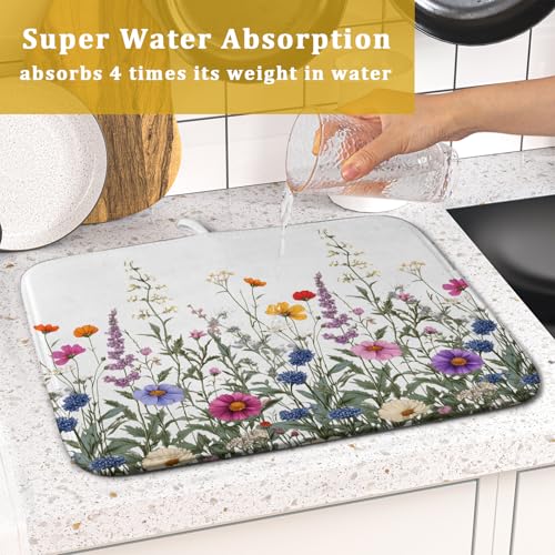 Flower Herbs Dish Drying Mat Botanical Plant Dishes Drainer Mat 16x18 inch Reversible Microfiber Drying Dish Pad for Kitchen Counter Decor
